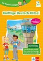 "Knifflige Deutsch-Rätsel" oben, "Löse die Übungen und hilf dem Lotsen" unten; Illustration mit Flugzeug und Kindern.