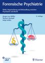 "Online in der eRef." Illustration: Stab mit Schlange, Waage mit Paragraphensymbol und Gehirn, Titel: "Forensische Psychiatrie".