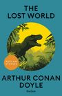 "The Lost World" von Arthur Conan Doyle, Reclam. Illustration eines Dinosauriers in einem Dschungel vor gelbem Hintergrund.