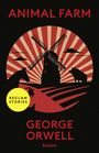 "ANIMAL FARM, GEORGE ORWELL. Reclam Stories." Illustration einer Windmühle, Tiere und Sonnenstrahlen in roten und beigen Tönen.