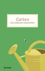 „Garten: Die schönsten Geschichten“. Illustration mit gelber Gießkanne, grünem Hintergrund und fliegender Biene.