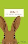 Text: "Ostern: Die schönsten Geschichten". Illustration: Ein Hasenkopf mit großen Ohren auf grünem Hintergrund.