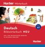 Logo: "Hueber Wörterbuch." "Deutsch Bildwörterbuch NEU." Illustration mit Jahreszeiten, Haus, Kind am Baum.