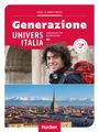 "Generazione Univers Italia" und "Hueber"; junger Mann mit Kopfhörern; Stadtansicht mit Alpen im Hintergrund.