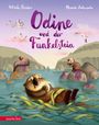 "Odine und der Funkelstein" oben, darüber Namen der Autoren. Illustration von Ottern im Wasser mit Felsen und fliegenden Vögeln.