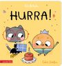 "Ket & Keks HURRA!" Zwei fröhliche Figuren feiern mit Geschenk und Torte auf gelbem Hintergrund.