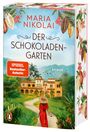 „Maria Nikolai, Der Schokoladengarten. Spiegel Bestseller-Autorin. Roman.“ Eine Frau in Rot mit Hut vor einer Villa.