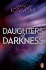 Text: "BIANCA IOSIVONI", "DAUGHTERS of DARKNESS", "Choosing Me", "ROMAN". Farben: Violette und blaue Wirbel, Pinguin-Logo.