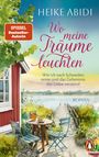"Heike Abidi, Wo meine Träume leuchten. Illustration: Rotes Haus am See, Tisch mit Stühlen, Steg, blauer Himmel."