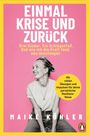 "EINMAL KRISE UND ZURÜCK. Drei Kinder. Ein Schlaganfall." Frau lächelnd auf pinkem Hintergrund, gelber Rand.