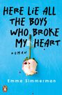 Text: "Here lie all the boys who broke my heart. Roman. Emma Simmerman." Vertrocknete Rose auf blauem Hintergrund.