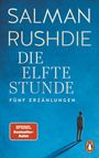 "Die elfte Stunde: Fünf Erzählungen" von Salman Rushdie. Illustration: Person im Schatten auf blauem Hintergrund.