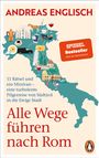 Text: Andreas Englisch, SPIEGEL Bestseller, Alle Wege führen nach Rom. Illustration einer Italienkarte mit Symbolen.