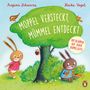 „Moppel versteckt, Mümmel entdeckt“. Zwei Hasenfiguren lächeln einander in einer bunten Wiesenlandschaft an.