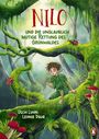 "NILO und die unglaublich mutige Rettung des Grünwaldes" in einem Wald. Ein Junge aus Blättern, rote Pilze, Insekten.