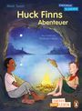 Der Text lautet: "Huck Finns Abenteuer" von Mark Twain, "Neu erzählt von Wolfram Hänel". Zwei Jungen sitzen an einem Lagerfeuer.