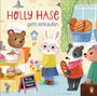 „Holly Hase geht einkaufen“, „Mit 40 spannenden Klappen“. Illustration von Tieren beim Einkaufen in der Bäckerei.
