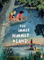„Für immer Nimmerland“. Illustration: Kinder in einem Baumhaus, Abendstimmung mit Mond und Leuchtturm im Hintergrund.