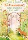 „Filio Flammenherz und der wunderbarste Schatz der Welt“ steht über einem Tor in einem blühenden Garten. Ein Fuchs hält eine Schriftrolle.