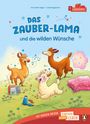 „Das Zauber-Lama und die wilden Wünsche“. Drei fröhliche Lamas tanzen im Grünen neben einem Radio.