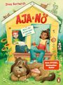 AJA & NŌ, Büro für alles oder nichts. Ein Junge, ein Hund, ein Mädchen mit Limo vor einem gelben Häuschen.