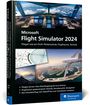 Buchcover mit "Microsoft Flight Simulator 2024", Cockpitansicht, Flugzeug über Küste, Flugkarte, Rheinwerk Computing Logo.