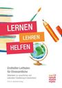 Texte: "Lernen, Lehren, Helfen." Darunter Bücher, Erdkugel, Bleistift; bunte Illustration.