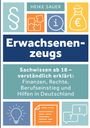 Titel: Erwachsenenzeug. Autor: Heike Sauer. Inhalt: Sachwissen ab 18, Finanzen, Rechte, Berufseinstieg. Icons von Paragraph, Puzzle usw.