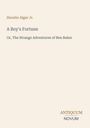 Text: "Horatio Alger Jr. A Boy's Fortune Or, The Strange Adventures of Ben Baker ANTIQUUM NOVUM". Schlichter Hintergrund.
