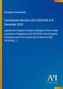 Text über Entscheidung der Europäischen Kommission bezüglich Spanien. Blaues Layout mit gelbem Streifen links.