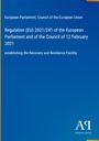 Titel: "Regulation (EU) 2021/241" und "establishing the Recovery and Resilience Facility". Blaues Design, Verlagssymbol AQ.
