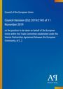 Council Decision (EU) 2019/2143 vom 11. November 2019. Blaues Design mit gelbem Rand links und einem Logo rechts.