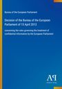 "Bureau of the European Parliament. Decision of 15 April 2013" in weißer Schrift auf blauem Hintergrund. Logo unten.