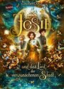 "Josie und das Lied der verwunschenen Stadt" - Fantastische Szene mit einem Schloss und drei Kindern, umgeben von Vögeln.
