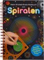 Titel: "Mein Krickel-Kratz-Malbuch mit Spiralen". Bunte Spiralmuster, Hand mit Holzstift, Insekten und Formen im Hintergrund.