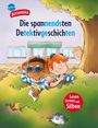 Text: "Die spannendsten Detektivgeschichten". Zwei Kinder mit Fernglas und Notizblock beobachten hinter einem Busch.
