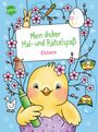 "Mein dicker Mal- und Rätselspaß Ostern." Ein gelbes Küken hält einen grünen Wachsmalstift, umgeben von Osterdekoration.
