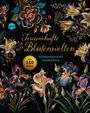 "Traumhafte Blütenwelten", "Stimmungsvolles Ausmalbuch", "Über 150 Seiten". Bunte Blumenillustrationen auf schwarzem Hintergrund.