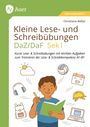 "Kleine Lese- und Schreibübungen DaZ/DaF Sek I", Illustration eines Jungen mit Buch, umgeben von Symbolen: Sonne, Kopfhörer, Laptop.
