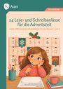 "24 Lese- und Schreibanlässe für die Adventszeit", Illustration: Mädchen schreibt, Adventskalender, Tasse und Bücher.