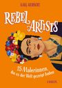 "REBEL ARTISTS: 15 Malerinnen, die es der Welt gezeigt haben." Illustration einer Frau mit Blumen im Haar auf orangem Hintergrund.