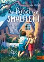„Das Rätsel von Smalfleth“, Ana Müller. Zwei Kinder vor einem Backsteinhaus mit Strohdach und Baum.
