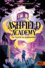 "Ashfield Academy: Der Fluch der Kassandra" von Sophie Oldenstein. Illustration mit mystischer Szenerie, Hund, und Mädchen.