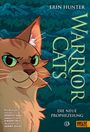 "ERIN HUNTER WARRIOR CATS DIE NEUE PROPHEZEIUNG" – Illustration einer Katze mit grünen Augen vor blauer Berglandschaft.