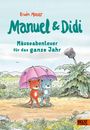 "Erwin Moser: Manuel & Didi. Mäuseabenteuer für das ganze Jahr." Zwei Mäuse mit Regenschirm in Landschaft.