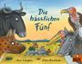 "Die hässlichen Fünf" steht in der Mitte. Rund herum sind humorvoll gezeichnete Tiere in einer Landschaft.