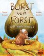 Texts: „BORST VOM FORST will hoch hinaus“, Yvonne Hergane, Wiebke Rauers. Illustration: Ein fröhliches Wildschwein in einem Nest.