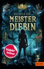 "Das Reich der Meisterdiebin" in großen Buchstaben. Silhouette einer Person mit Bogen, Waldhintergrund, Burg oben.