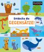 "Entdecke die Gegensätze!” Illustration: Tiere zeigen Gegensätze wie stark/schwach, viele/wenige, groß/klein, dreckig/sauber.