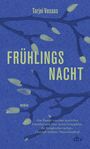 "Frühlingsnacht" von Tarjei Vesaas, Zitate über poetische Schönheit. Grüne Zweige mit Knospen auf blauem Hintergrund.